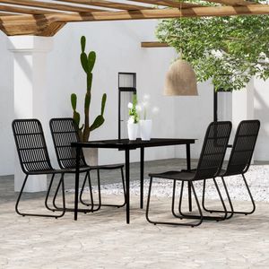 Set da Pranzo in Acciaio Verniciato a Polvere Nera con Vetro e Rattan PE per Arredamento da Giardino Esterno - Product Image 1