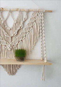 White Cotton Rope Boho Macrame Wall Hanging <b>Shelf</b> with <b>Pine</b> Wood Triangle Shape Decorative Hanging <b>Shelf</b> for Home Decor - Product Image 2