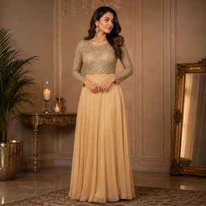 Robe de soirée longue en mousseline de soie à paillettes dorées de luxe, élégante, à manches longues, pour soirée formelle, mariage, cocktail, bal, pour femmes - Product Image 3