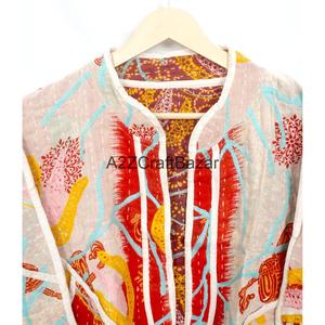 Handcrafted Unisex Cotton Quilted Printed Patchwork Bohemian <b>Kantha</b> Kimono <b>Jacket</b> Autumn/Spring/Summer/Winter Vintage Floral - Product Image 2