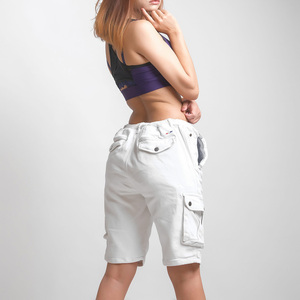 <b>Women's</b> <b>White</b> High Waist Button Fly Regular Fit Solid Canvas Cotton Cargo <b>Shorts</b> Breathable Casual Stonewashed Seamless Pocket - Product Image 3