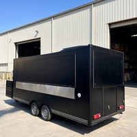 Remorque alimentaire mobile carrée avec cuisine complète, camion de restauration noir avec fenêtre de service pour café, pizza, barbecue, collations et traiteur