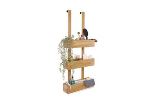 Organisateur de salle de bain moderne en teck massif à suspendre sur la porte avec trois étagères ouvertes, support de rangement gain de place pour accessoires de salle de bain - Product Image 2