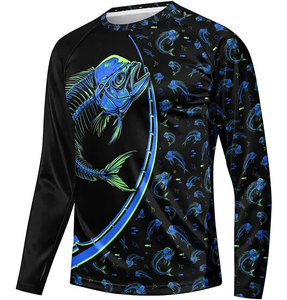 เสื้อแรชการ์ดแขนยาวสำหรับผู้ชาย สีดำ-น้ำเงิน ลายปลา ป้องกันรังสียูวี ผลิตจากโพลีเอสเตอร์ แห้งเร็ว ระบายอากาศได้ดี เป็นมิตรกับสิ่งแวดล้อม เสื้อสำหรับตกปลา UPF 50+ ป้องกันแสงแดด - Product Image 1