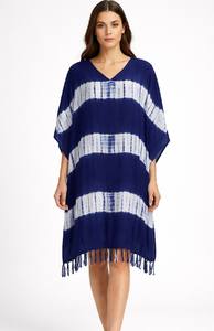 Caftán Largo de Viscosa con Estampado Tie-Dye y Rayas, Ecológico, Cuello en V, Transpirable, Asimétrico - Product Image 3