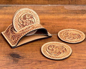 Ensemble de sous-verres en cuir véritable fait main sur mesure avec support, 4 pièces, sous-verres en cuir véritable, tapis de table basse, sous-verres pour tasses - Product Image 3