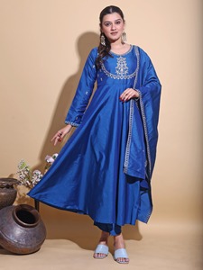 Peach silk Anarkali <b>Kurta</b> Trousers Set Mirror Work Embroidered Indian Pakistani Outfit with Dupatta for <b>Women</b> - Product Image 2