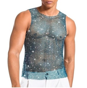 Latest Design Trending Rhinestone Dot Pattern Sleeveless Sexy Outerwear Beach Mesh T-Shirts Fitness Distress <b>Fishnet</b> Tee Shirts - Product Image 6