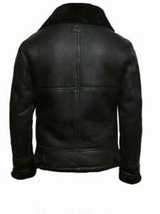 Blouson aviateur en cuir véritable noir pour homme avec doublure en fausse fourrure, fermeture éclair, vêtement d'extérieur d'hiver, style motard - Product Image 2