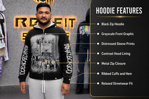 เสื้อฮู้ดซิปเต็มตัวสีดำสำหรับผู้ชาย ทรงโอเวอร์ไซส์ สไตล์สตรีทแวร์ พิมพ์ลายกราฟิก พร้อมลายพิมพ์ที่แขนเสื้อ ผลิตโดยผู้ผลิต - Product Image 2