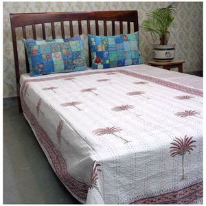 Hand Embroidered Cotton Kantha Twin Quilt <b>Throw</b> Hand Block Printed 150x220 cm Indian Handmade Bedspread Home Export Home Textile - Product Image 1