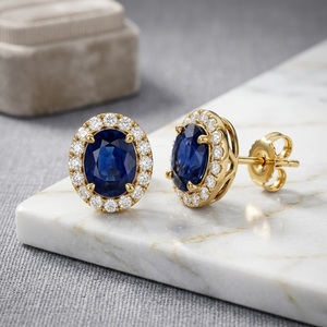 Pendientes de Oro Amarillo Sólido de 18K de Alta Calidad con Zafiro Azul Natural y Diamantes, Corte Ovalado, Regalo de Lujo para Esposa - Product Image 1