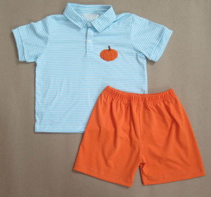 Robe brodée citrouille pour petite fille, rayée bleu et blanc, avec ceinture à volants orange, vêtements d'automne pour enfants - Product Image 4