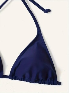 Ensemble bikini femme taille haute couleur unie avec soutien-gorge triangle rembourré amovible en tissu côtelé extensible et décolleté plongeant en V push-up - Product Image 3