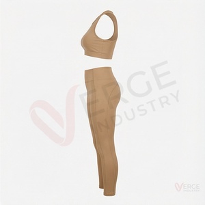 Ensemble de yoga 2 pièces pour femmes, haut court beige à col rond et leggings taille haute longueur intégrale - Product Image 3