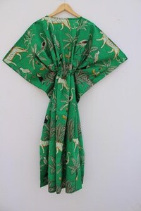 Cotton Kaftan Green Animal Hand Print <b>Women's</b> Full Length <b>Robe</b> Loose V-Neck Sleeve Knitted Fabric Breathable Quick <b>Dry</b> - Product Image 5
