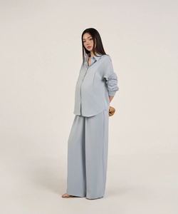 Luxury Silk Blend Woven 2-Piece Long Set Shirt Neck Full Sleeve Casual Solid Dressy Maternity Breathable Women's Nursing - Product Image 3