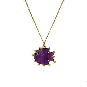 Amethyst Fish Pendant <b>Necklace</b> Handmade Carved Gemstone Jewelry Gold Plated <b>Statement</b> <b>Necklace</b> With Green Stone Eye Accent - Product Image 3