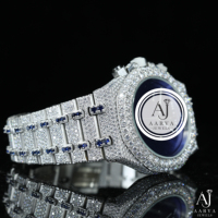 AARVA JEWELS Montre mécanique de luxe pour homme 40 mm en acier inoxydable Chronographe Cristal saphir bleu Moissanite Fermoir caché 3BAR
