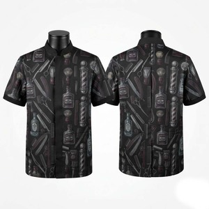 Veste de Barbier Unisexe en Polyester Premium 180 GSM Noire Imprimée Respirante, Tenue de Travail de Salon à Manches Courtes, Col Montant, Uniforme Personnalisé - Product Image 1
