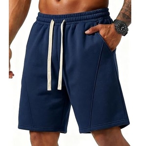 Pantalones cortos deportivos holgados de algodón polar de alta calidad, color azul liso, con bolsillos laterales y cordón largo, pantalones cortos de baño. - Product Image 1