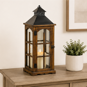 Farol de Madera Rústico Hecho a Mano con Tapa Metálica Decorativa, Estilo Vintage de Granja, Farol de Cristal para Interiores - Product Image 3