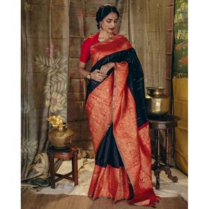NUEVA LLEGADA BANARASI SEDA ORO ZARI TEJIDO TRABAJO SAREE CON BLUSA DESCOSADA NEGRO - Product Image 1