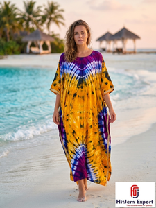Vestido Kaftán Tie Dye HitJem para Exportación, Cuello Redondo, Manga Larga, Holgado, Largo hasta el Suelo, Estilo Bohemio, para Playa, Verano, de Gasa, para Mujer - Product Image 6