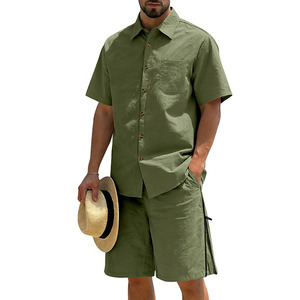 Men's White Cotton Short Sleeve <b>Shirt</b> And Shorts Set Casual Summer Outfit Breathable Woven Solid <b>Color</b> Two Piece Suit - Product Image 2