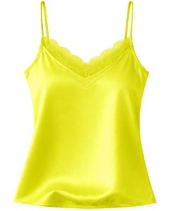 ชุดนอนเซ็กซี่ผ้าซาตินสีเหลืองนีออน แต่งลูกไม้ สายเดี่ยว กางเกงขาสั้น ชุดนอนผู้หญิง ชุดนอนผ้าไหมนุ่มสบายสำหรับฤดูร้อน ชุดลำลองสองชิ้น - Product Image 1