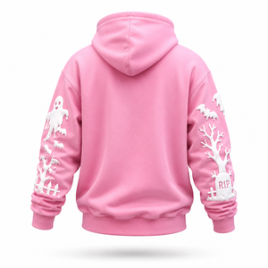 Sweat-shirt à capuche rose Halloween avec imprimé en relief Citrouille, Fantôme, Chauve-souris, en molleton de coton oversize, unisexe, décontracté, pour l'automne, OEM - Product Image 3