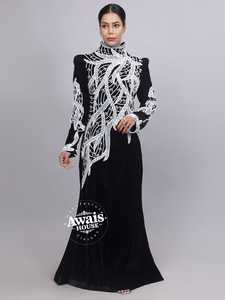 Vestido de Noche Largo de Terciopelo Negro para Mujer Awais House, Cuello en V, Manga Larga, Bordado con Cuentas, Corte en A, Elegante y Natural - Product Image 1