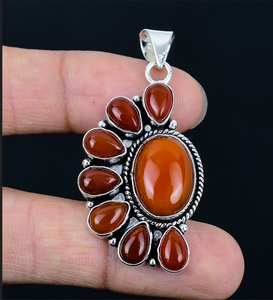 Natural Red carnelien Gemstone 925 Silver Plated Half Flower Pendant, Floral Necklace Charm, women's jewellery, Handmade Pendant - Product Image 1