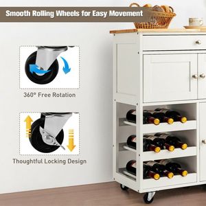 Nuovo Carrello da Cucina Antico con Piano in Legno di Gomma, Portabottiglie a 3 Livelli, 2 Armadietti, Struttura in MDF e Acciaio - Product Image 3