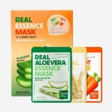 Confezione Sconto Farmstay Real Essence Combo Pack Ver2 Maschere in Foglio di Aloe Vera, Avena e Carota Idratanti per il Viso - 1 Scatola con 12 Pezzi - Product Image 1