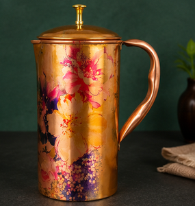 Carafe en cuivre à imprimé floral avec couvercle, pichet à eau artisanal, décoratif, fait main, grande capacité, vaisselle pour la maison, Tamra Jal - Product Image 5