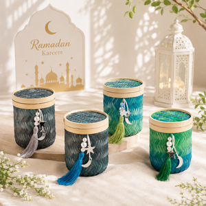 กล่องของขวัญไม้ไผ่ธรรมชาติรักษ์โลก พร้อมอุปกรณ์ตกแต่ง พู่สีฟ้า ลายพระจันทร์และดวงดาว กล่องใส่ขนม สำหรับเทศกาลอิสลาม รอมฎอน อีด ขายส่งจำนวนมาก - Product Image 3