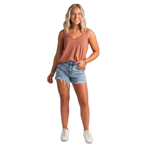 Women V-Neck Tank Top Solid Color Casual Breathable Cotton <b>Jersey</b> Sleeveless Regular Length Knitted Fabric - Product Image 5