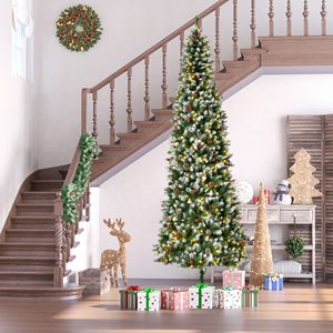 "9ft Flocked Christmas <b>Tree</b> with <b>LED</b> Lights & Stand Slim Pine Cones & Red Berries Decorations" - Product Image 2