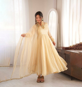 Readymade indien longue robe pleine couture soie avec en attente impression numérique Sequin broderie travail fête porter tenue robe - Product Image 1