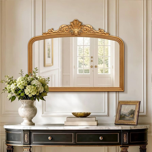 This vintage, dark natural wood mirror showcases a heavily detailed Jharokha <b>arch</b> <b>frame</b> available at wholesale prices. - Product Image 3