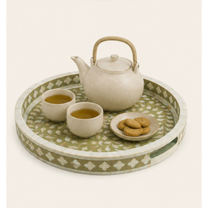 Plateau de service de mariage moderne fait main avec incrustation de nacre, design mosaïque en bois écologique vert olive et poignées - Product Image 2
