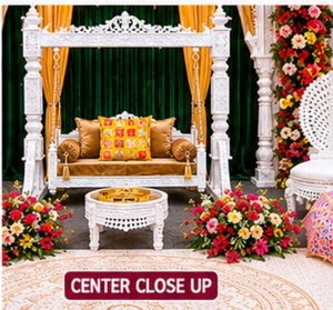 ชิงช้าไม้สำหรับงานแต่งงานมุสลิมสุดหรู พร้อมเก้าอี้ข้างสำหรับตกแต่งเวทีงานเลี้ยงฉลองฮีนน์ หรืองานเมห์นดี ฮาลีดี - Product Image 6