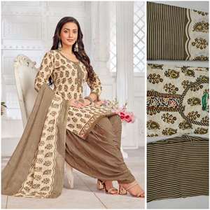 TOP DE TRAVAIL EN COTON IMPRIMÉ PANTALON PATIYALA AVEC DUPATTA BLANC CASSÉ - Product Image 1