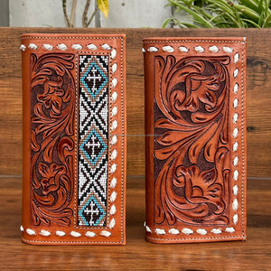 <b>Men's</b> High Quality Personalized Hand Tooled <b>Leather</b> Beaded Long Wallet <b>Purse</b> Cow <b>Leather</b> Bifold Credit Card Wallets with Pockets - Product Image 4