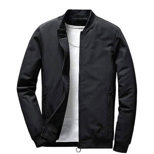 Men's Black Bomber Jacket Solid Colour <b>Covered</b> <b>Button</b> Closure Square Collar Casual Windproof Polyester Long Thin Embroidered - Product Image 1