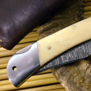 Couteau pliant en acier Damas, lame à pointe tombante, manche en ivoire, pour camping et usage extérieur, ouverture par bouton de pouce - Product Image 6