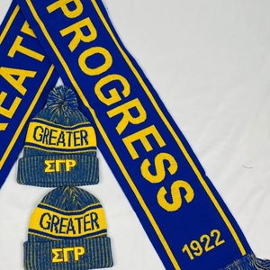 Sigma Gamma Rho <b>Scarf</b> <b>and</b> Beanie <b>Hat</b> Set Royal Blue Gold Greek Letter Winter Accessories with Knit Cuffed Pom Pom Beanie - Product Image 6