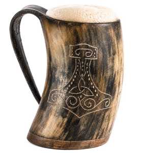 Large Capacity Carved Thor Hammer Design Natural Shape Antique Imitation Collectible Craft Horn Mug Viking Eco-Friendly Ox Horn - Product Image 1