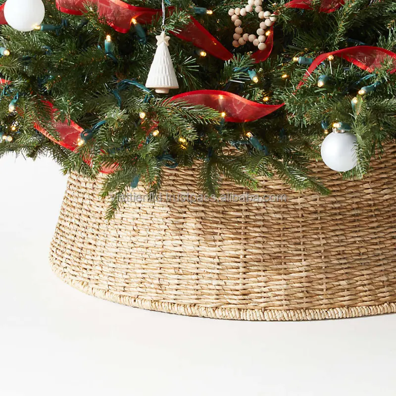 Hot Trend! Natural Seagrass Woven Christmas Tree Collar Folding Wicker Noel Tree Easy To Assemble Follow Christmas Holiday Time